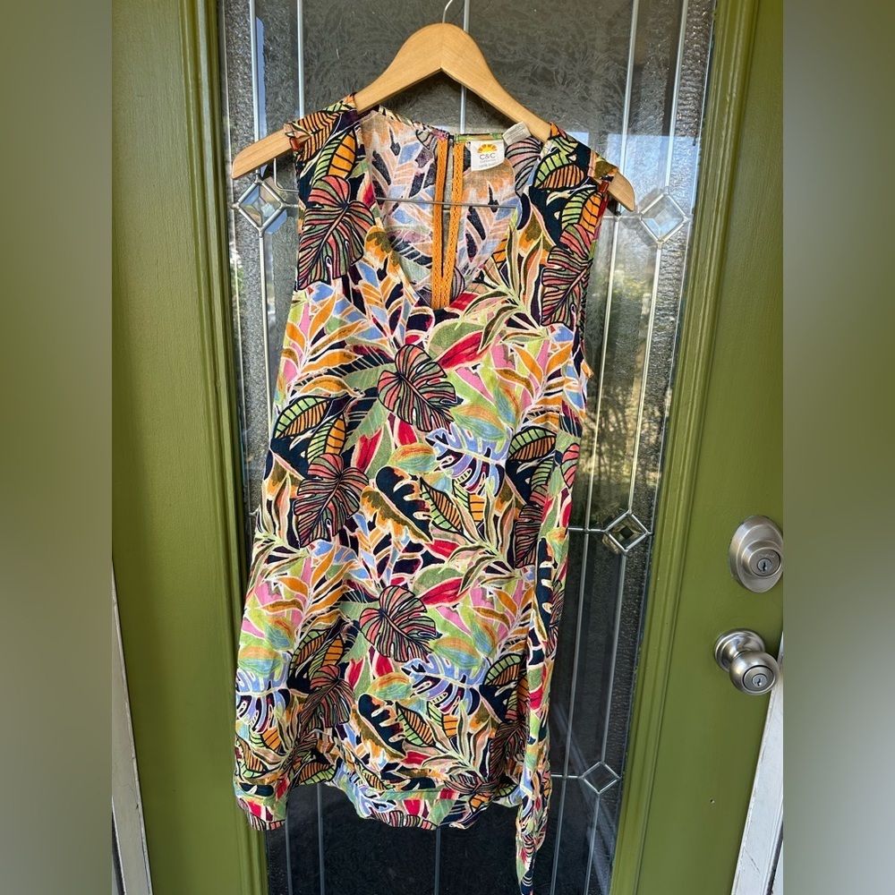 Small Linen V Neck Tropical Vacation Shift Dress Pockets Bright Colorful Resort